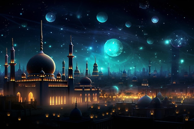 O céu da noite de Ramadan Mubarak