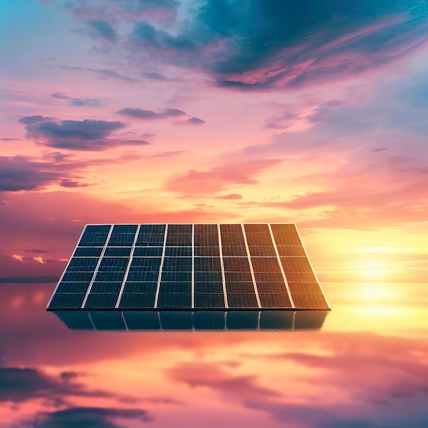 O céu do pôr do sol reflete a geração de energia sustentável do painel solar