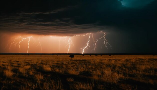 O céu dramático eletrifica a paisagem rural com relâmpagos bifurcados e tempestades geradas pela inteligência artificial