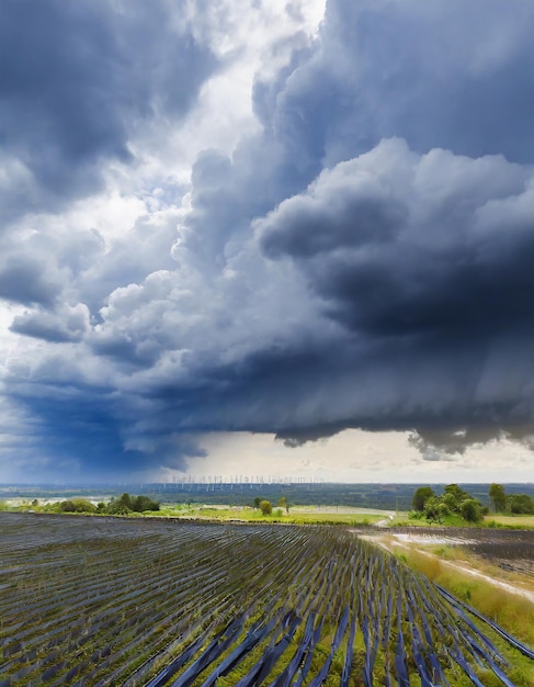 O céu escuro com nuvens pesadas convergindo e uma violenta tempestade antes da chuva