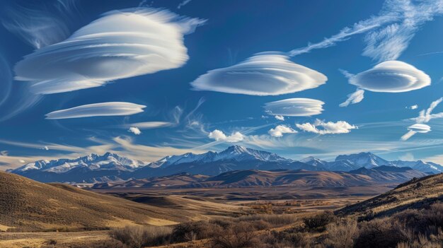 Foto o céu está cheio de um exército de nuvens lenticulares marchando em formação sobre a cordilheira