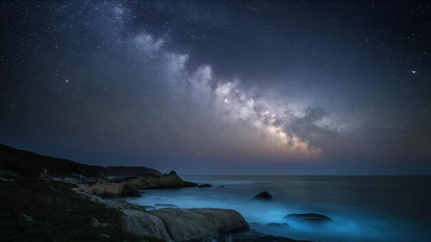 O céu estrelado e a paisagem marinha à noite