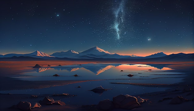 O céu estrelado sobre um lago de montanha