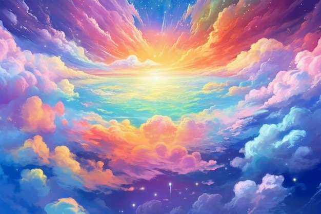 O céu mágico do arco-íris brilha cores pastel do arco-íris generativo holográfico de IA