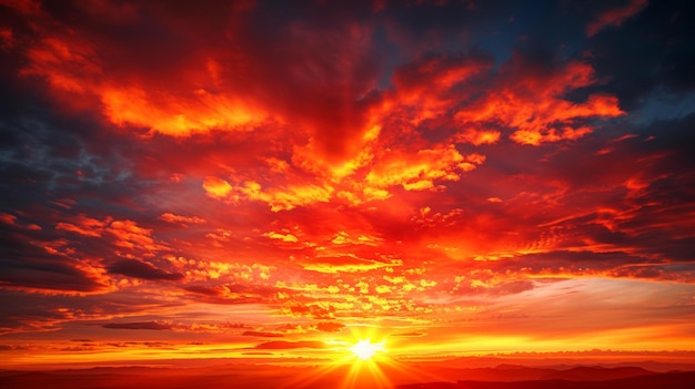 O céu matinal em chamas com tons vermelhos com um nascer do sol e nuvens ao amanhecer