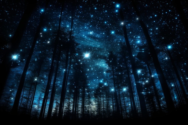 O céu noturno está cheio de estrelas numa floresta.