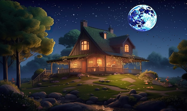 Foto o céu noturno ganha vida com uma lua hipnotizante e uma constelação de estrelas sob a casa criando usando ferramentas de ia generativas