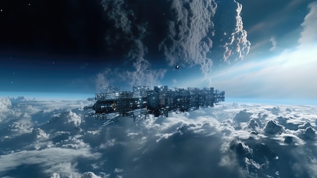 O céu parece azul e cheio de nuvens, naves espaciais aterrorizam os habitantes da terra AI Generated