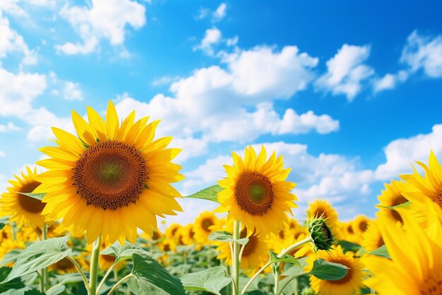 O céu sobre os campos de girassóis em flor