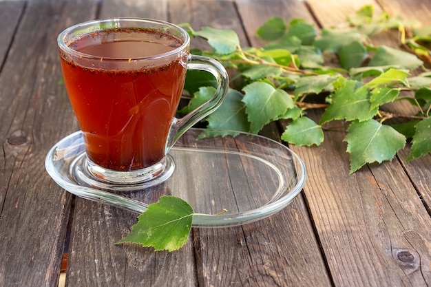 O chá de chaga de bétula medicinal é usado na medicina popular. Foco seletivo.