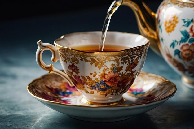O chá sendo derramado numa delicada chávena de porcelana