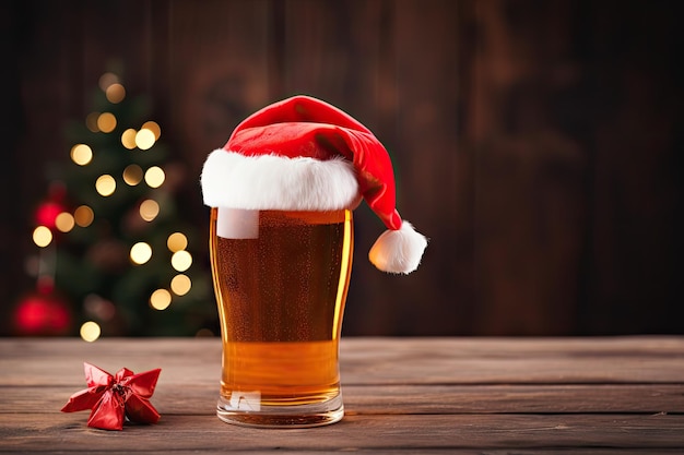 O chapéu vermelho do Papai Noel segura um copo de cerveja de Natal em um pano de fundo azul de madeira