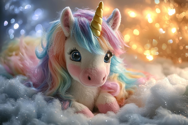 Foto o charme caprichoso de um bonito brinquedo de pelúcia de unicórnio cercado por luzes cintilantes e nuvens suaves
