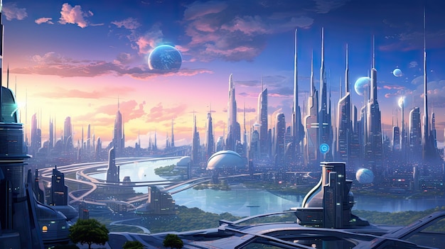 O charme futurista da paisagem urbana espacial próspera