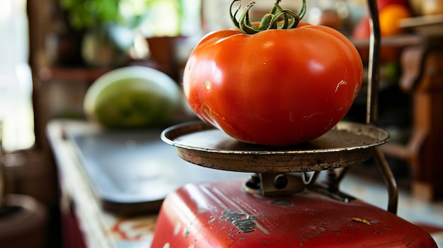 Foto o charme vintage pesando a glória de um tomate vermelho cultivado em casa numa balança de cozinha