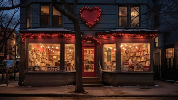 O charmoso exterior de uma livraria vintage com vitrines com temas do Dia dos Namorados