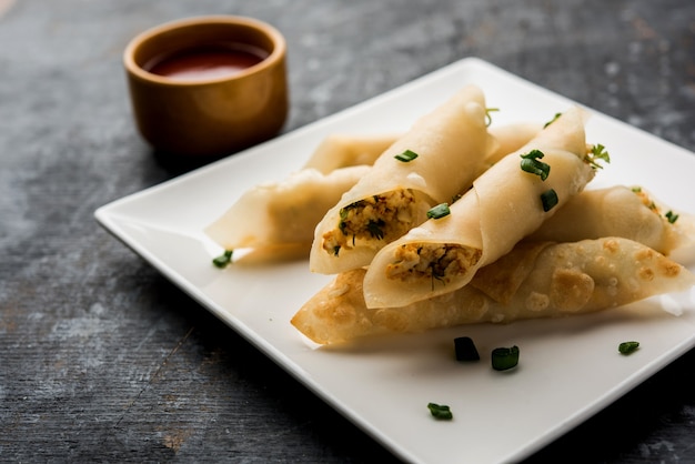 O charuto de pimenta Paneer é um pão crocante recheado com paneer que é uma entrada interessante para qualquer festa. servido com ketchup de tomate. foco seletivo