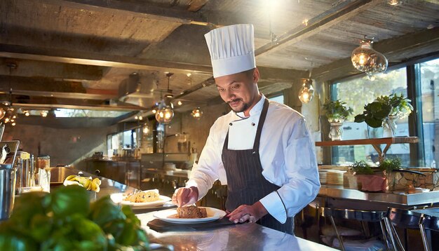 O chef a cozinhar no seu restaurante.