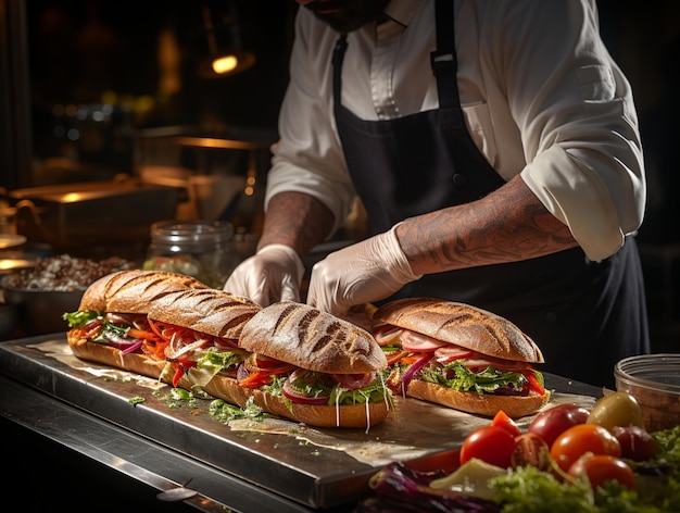 O chef a fazer uma sanduíche deliciosa.