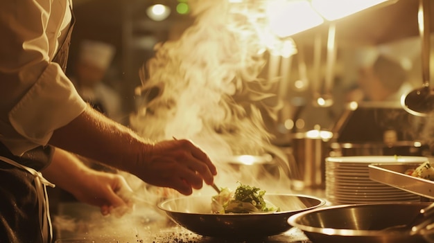 O chef de IA gerativa está a decorar um prato no prato a cozinhar com uma panela quente a vapor.