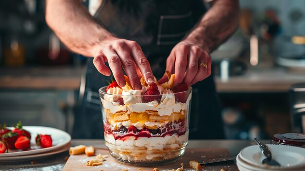 O chef decora cuidadosamente um trifle com morangos e ladyfingers o trifle é feito com camadas de bolo de frutas e creme de leite