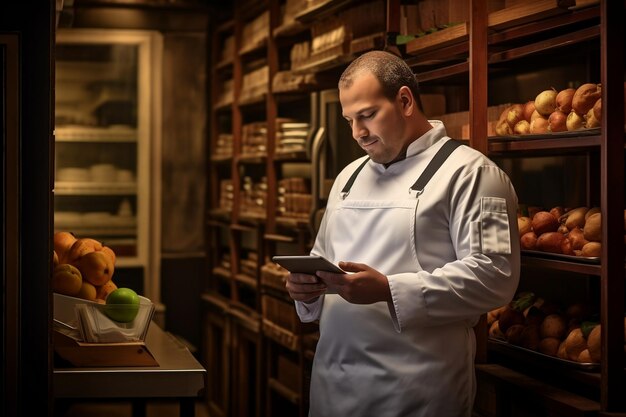 O chef do restaurante faz um pedido de mercearia usando um tablet Generative Ai