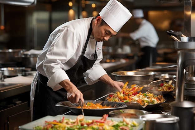 O chef está a cozinhar na cozinha.