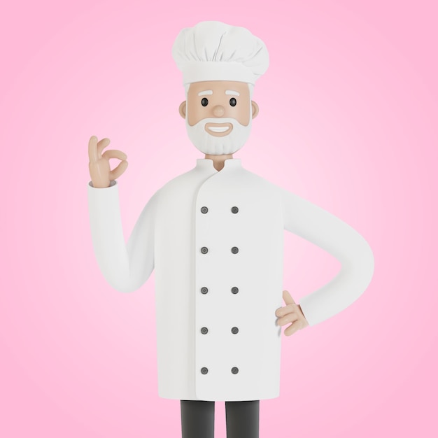 O chef faz o gesto da ilustração 3D do prato perfeito no estilo cartoon