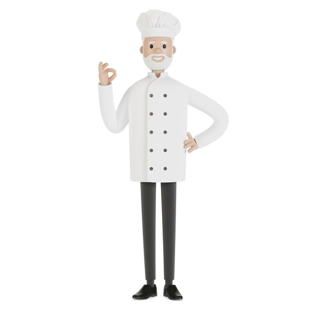 O chef faz o gesto do prato perfeito. Ilustração 3D em estilo cartoon.