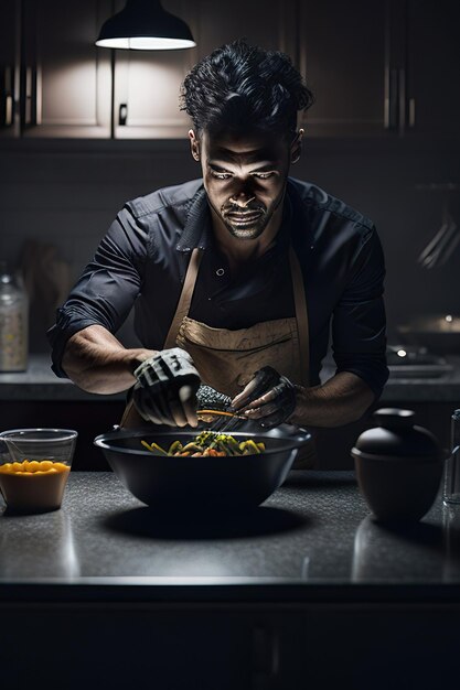 Foto o chef preparando comida em uma cozinha moderna ia generativa