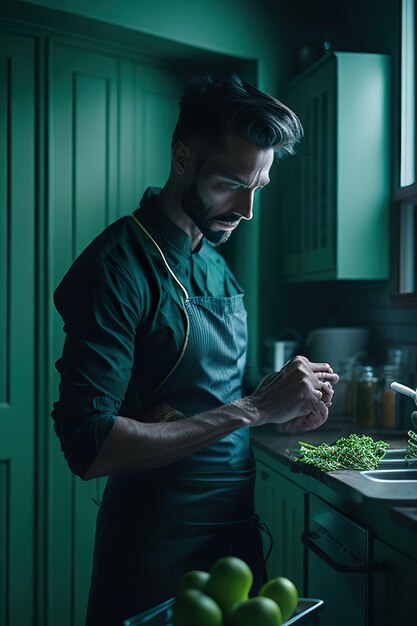 Foto o chef preparando comida em uma cozinha moderna ia generativa