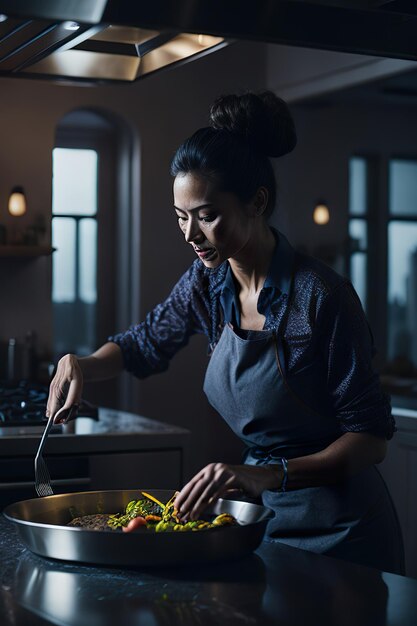 Foto o chef preparando comida em uma cozinha moderna ia generativa