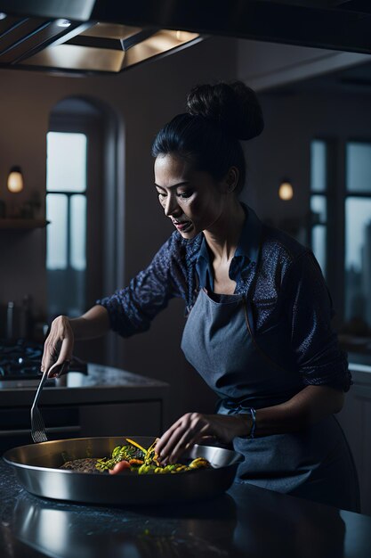 O chef preparando comida em uma cozinha moderna IA generativa