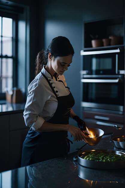 Foto o chef preparando comida em uma cozinha moderna ia generativa