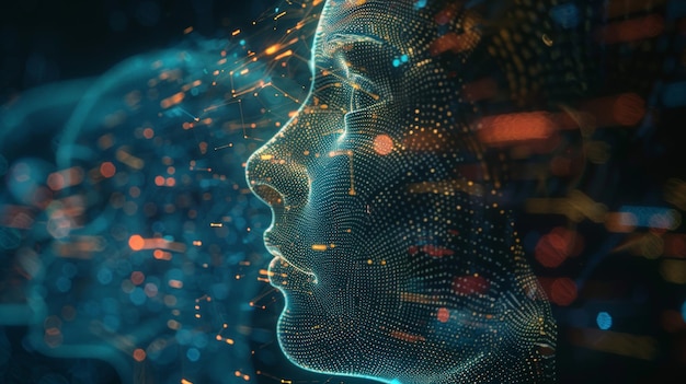 O chefe virtual da Inteligência Artificial AI O conceito de aprendizagem profunda O holograma e a renderização em 3D