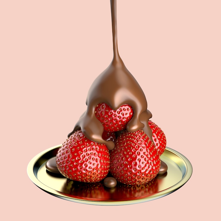 Foto o chocolate cai na morango doce no goldplate, ilustração 3d.