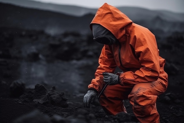 O cientista do vulcão está coletando uma amostra de lava