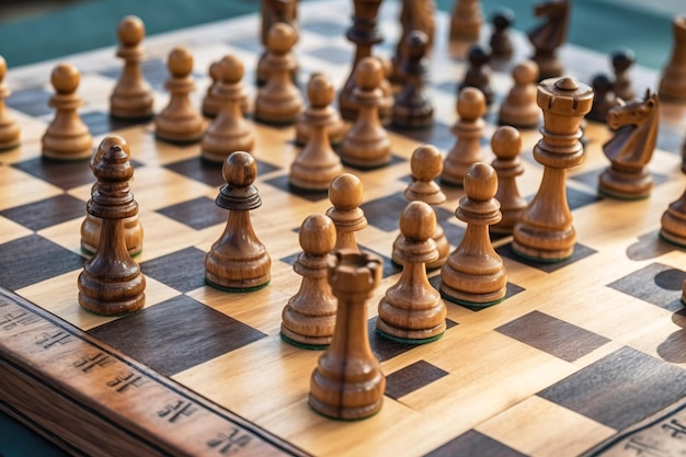 O clássico jogo intelectual de tabuleiro de posições de jogo de xadrez Figuras de madeira geradas por IA