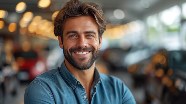 O cliente masculino de camisa sai do carro e toca na porta, olha para a câmera no salão, escolhe o novo carro que ele quer comprar no showroom da loja e no motor.