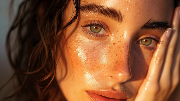 Foto o close do rosto de uma mulher destacando a beleza natural com gotas de água e o foco em seus olhos verdes é ai generative
