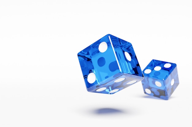 O close up da ilustração 3d de um par de dados azuis sobre fundo branco. dados azuis em voo. jogos de casino.