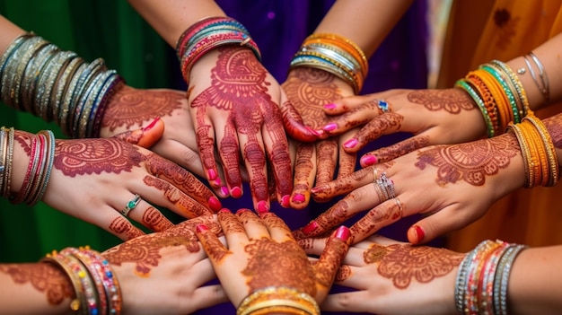 O close up das mãos lindamente adornadas com desenhos de henna uma tradição popular durante Teej celebratio