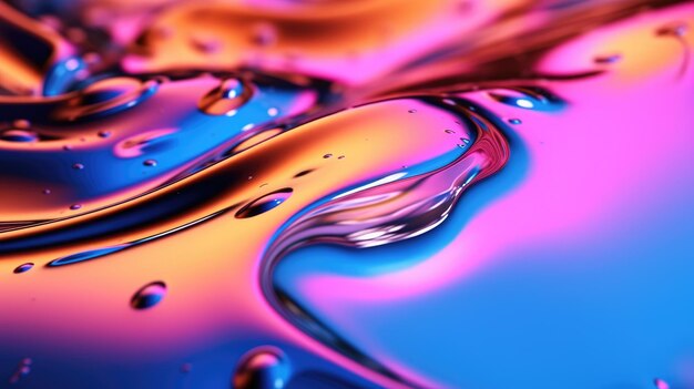 O close-up de uma superfície líquida brilhante abstrata nas cores azul elétrico rosa choque e verde neon com um foco suave Exuberante ilustração 3D