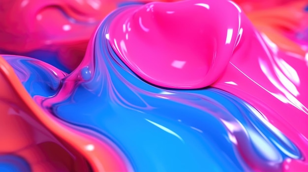 O close-up de uma superfície líquida brilhante abstrato em rosa quente azul elétrico e cores verde néon com um foco suave Ilustração 3D exuberante