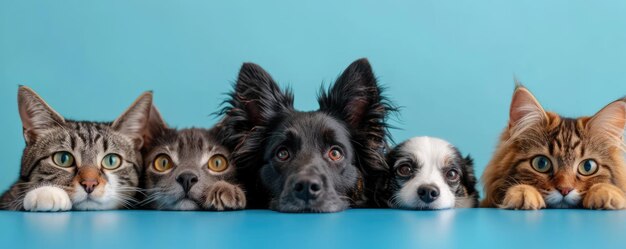 Foto o close-up do grupo de gato e cachorro na frente de um fundo azul aigx