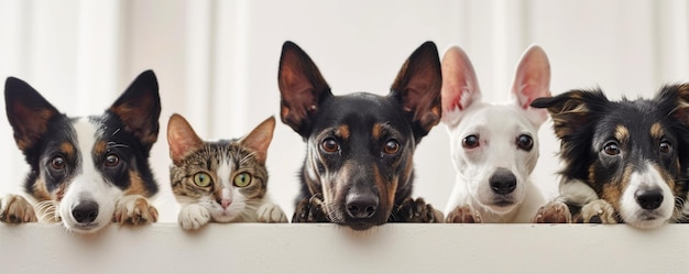 Foto o close-up do grupo de gato e cachorro na frente de um fundo branco aigx