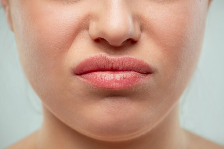 Foto o close-up tiro de lábios de mulher. pele perfeita e fresca. modelo de beleza pura. conceito de juventude e cuidados com a pele