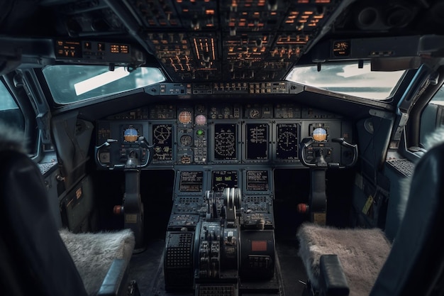 O cockpit de um avião com o número 7 no lado direito.