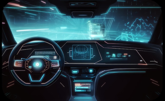 O cockpit do carro autônomo futurista com um diagnóstico automático no estilo HUD para serviço de carro