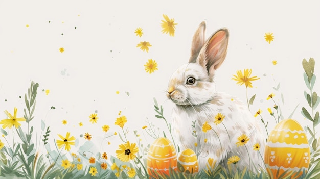 O coelho da Páscoa é cercado por ovos coloridos criando uma cena mágica e festiva O coelho é retratado de uma maneira lúdica e animada evocando o espírito das celebrações da Páscua IA geradora